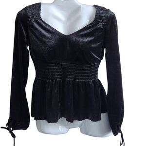 Philosophy Black Velvet Peplum Top-P/S-Tie Cuff-Smocked-Shimmer-Holiday-Party